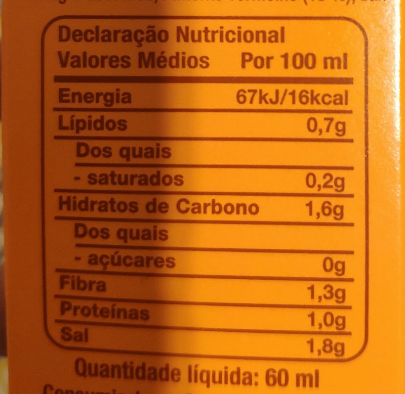 Foto da lista de ingredientes
