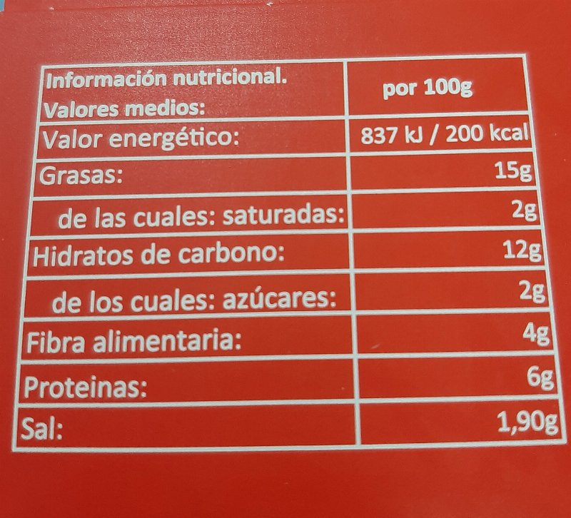 Foto da tabela nutricional