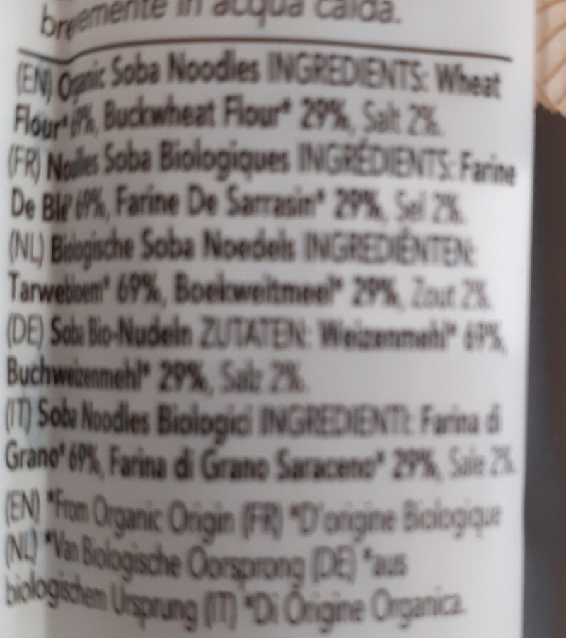 Foto da lista de ingredientes