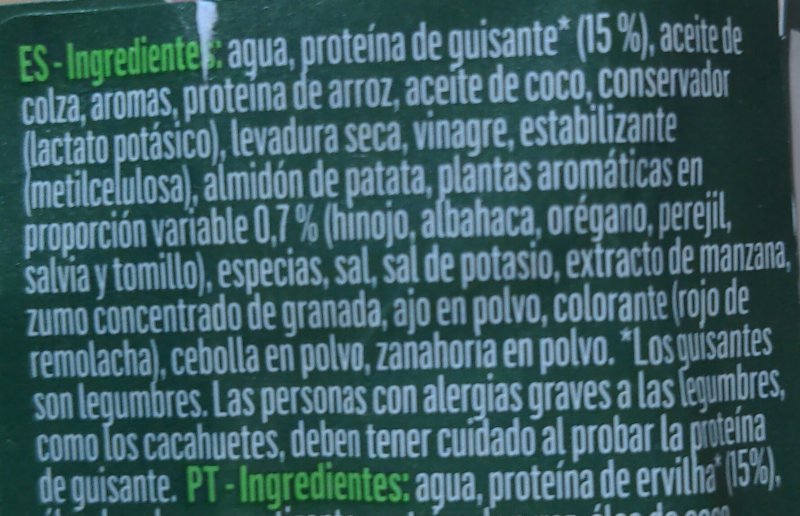 Foto da lista de ingredientes