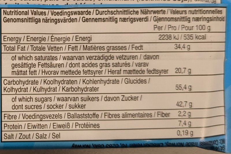 Foto da tabela nutricional