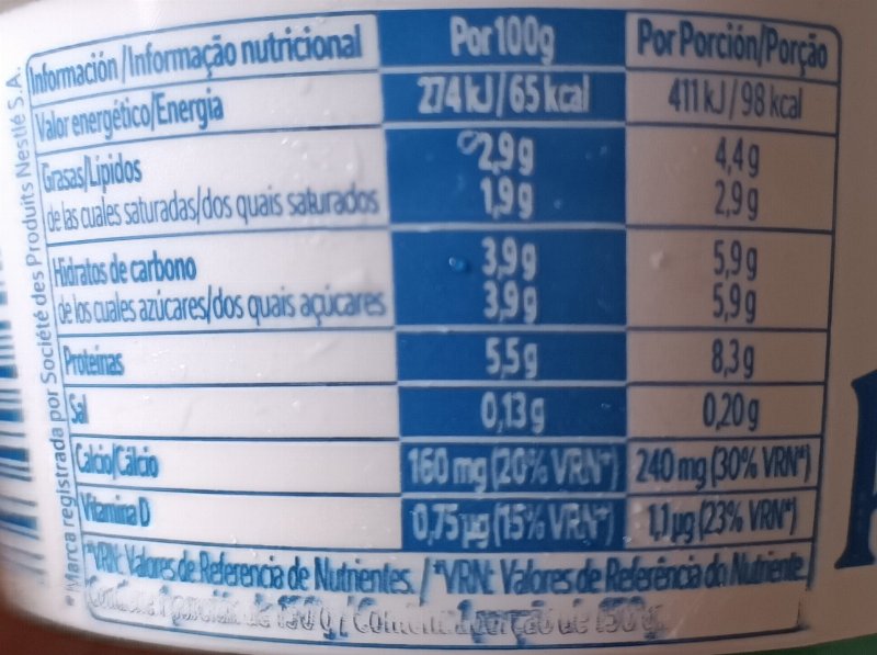 Foto da tabela nutricional