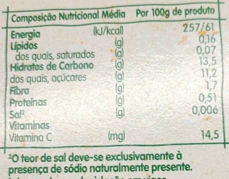 Foto da tabela nutricional