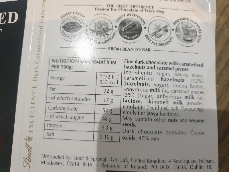 Foto da lista de ingredientes