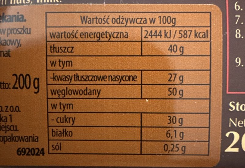 Foto da tabela nutricional