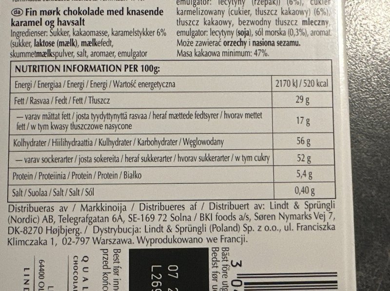 Foto da tabela nutricional