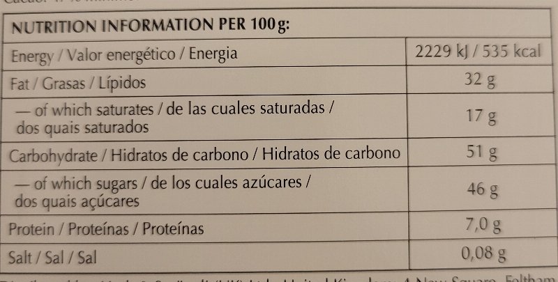 Foto da tabela nutricional