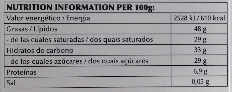 Foto da tabela nutricional