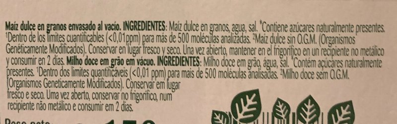 Foto da lista de ingredientes