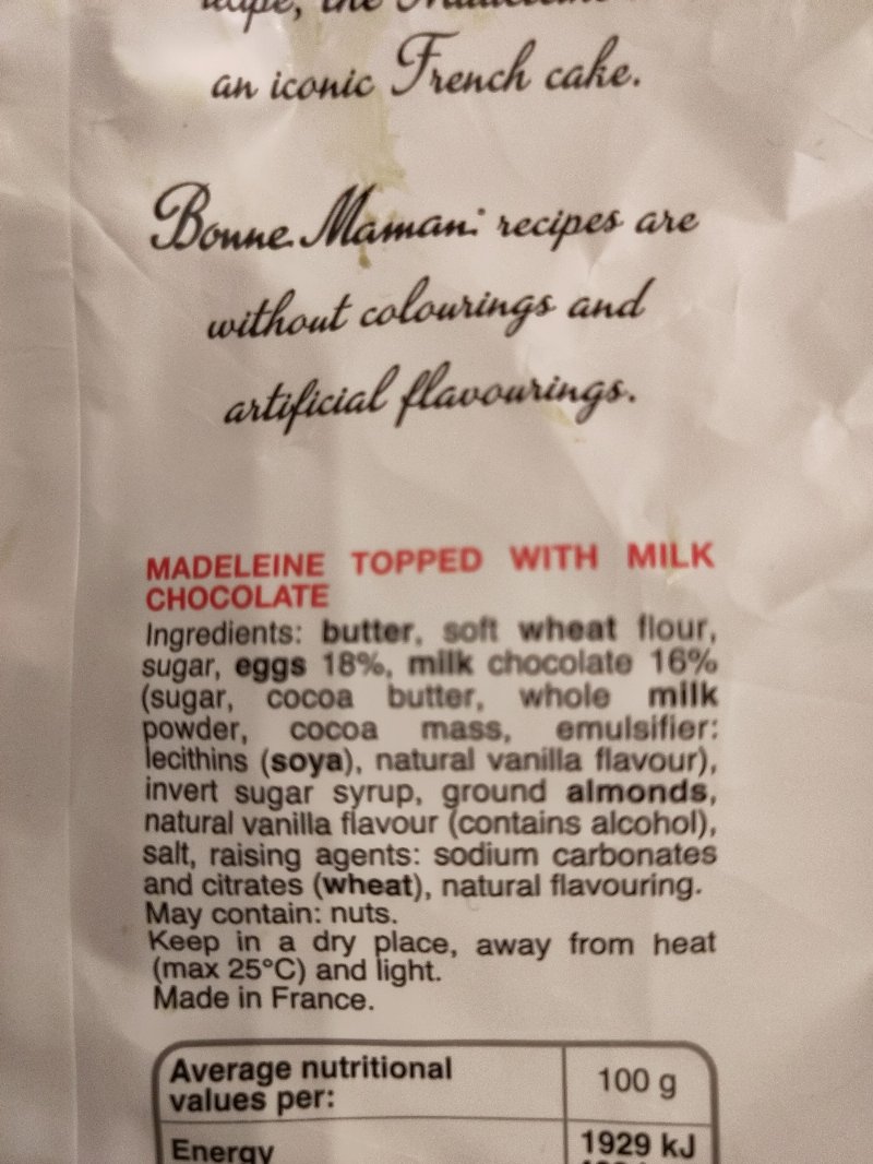 Foto da lista de ingredientes
