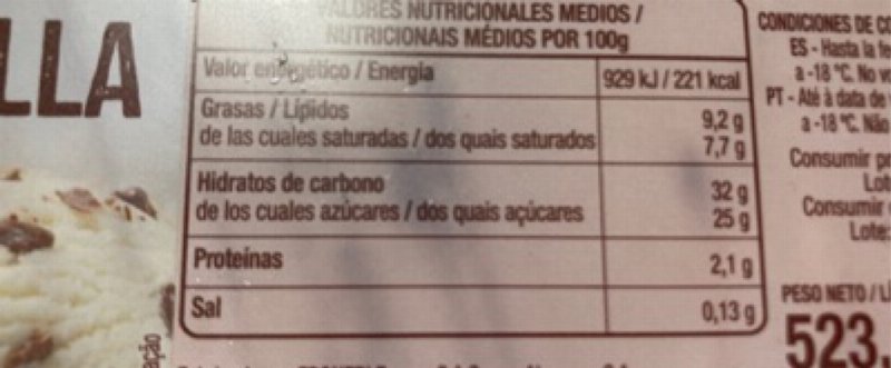 Foto da tabela nutricional