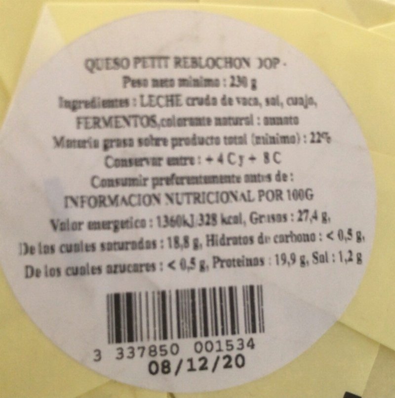 Foto da tabela nutricional