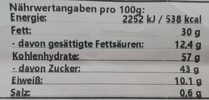 Foto da tabela nutricional