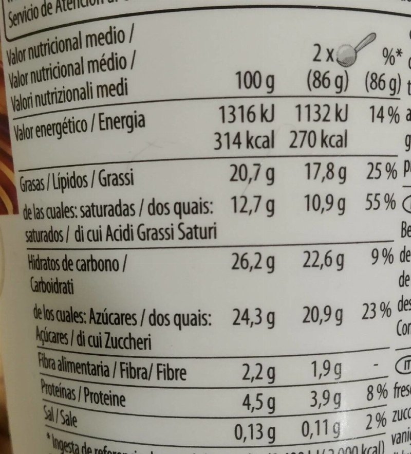 Foto da tabela nutricional