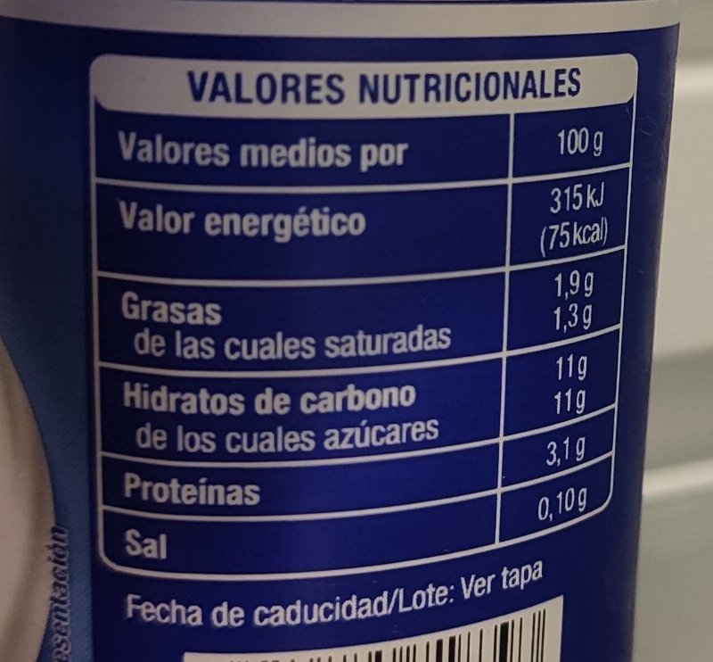 Foto da tabela nutricional
