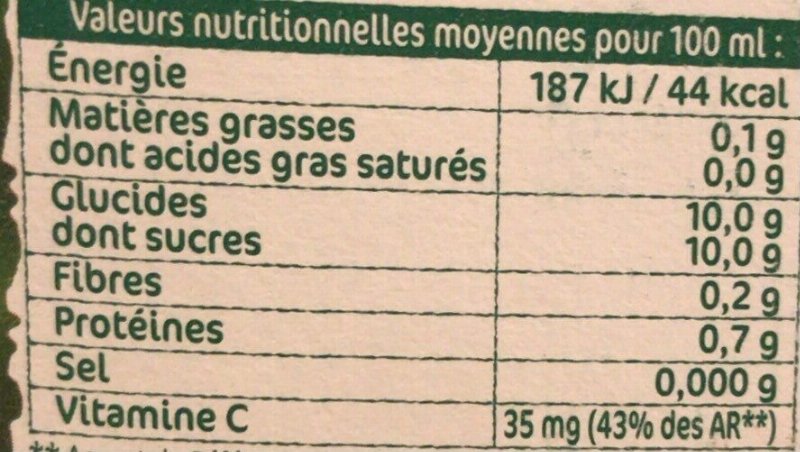 Foto da tabela nutricional