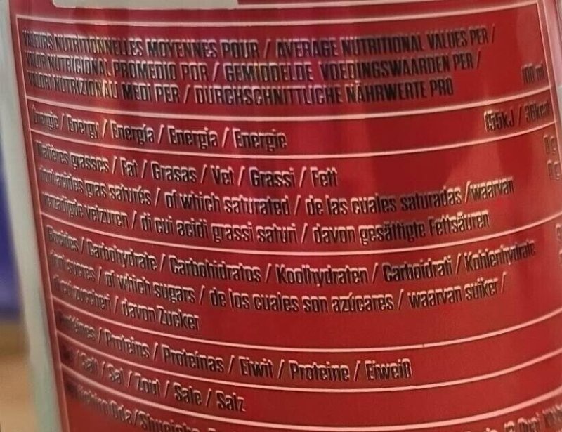 Foto da tabela nutricional
