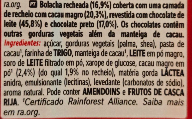 Foto da lista de ingredientes