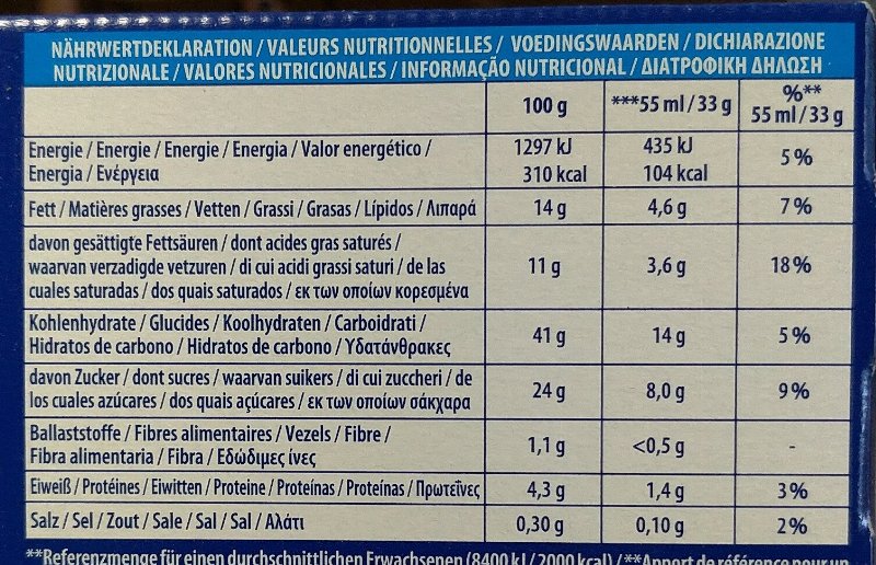 Foto da tabela nutricional