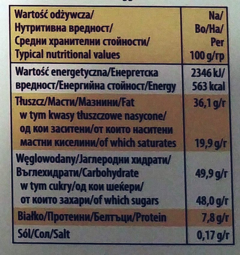 Foto da tabela nutricional