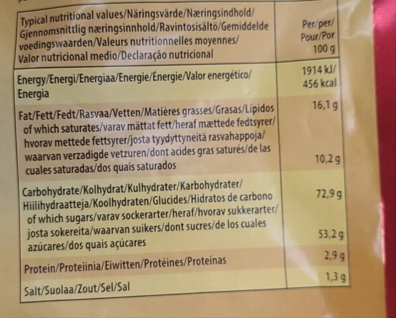 Foto da tabela nutricional