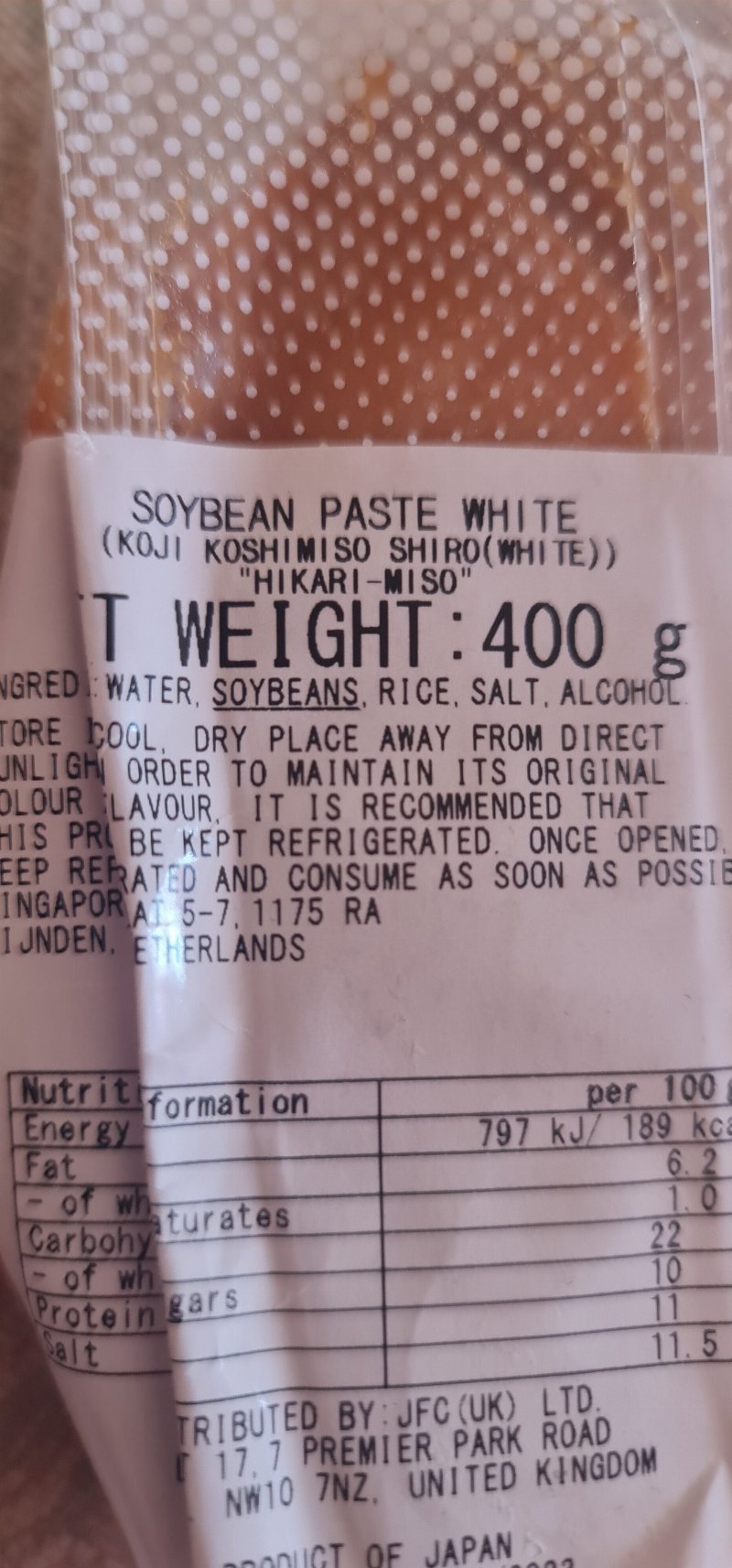Foto da lista de ingredientes