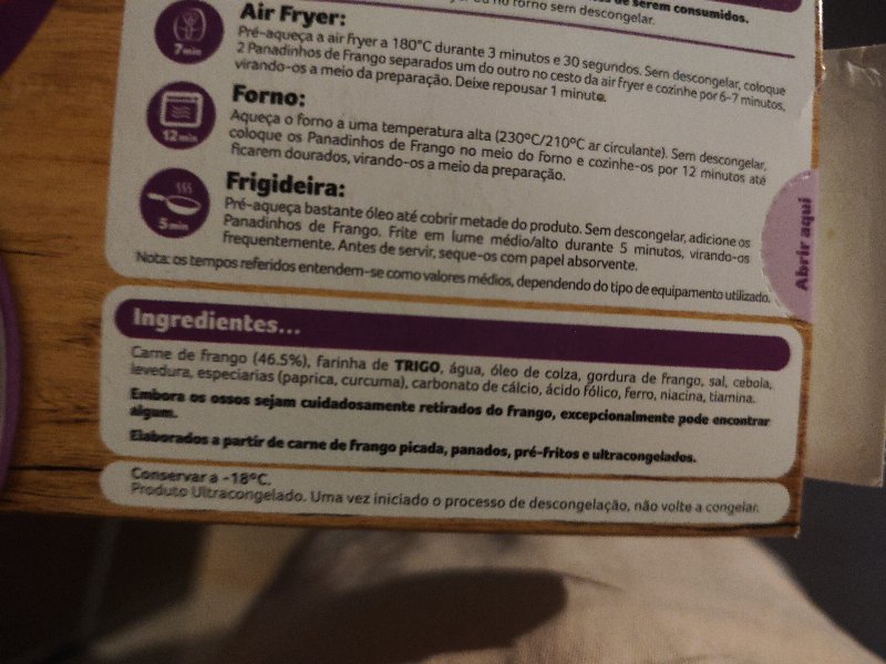 Foto da lista de ingredientes