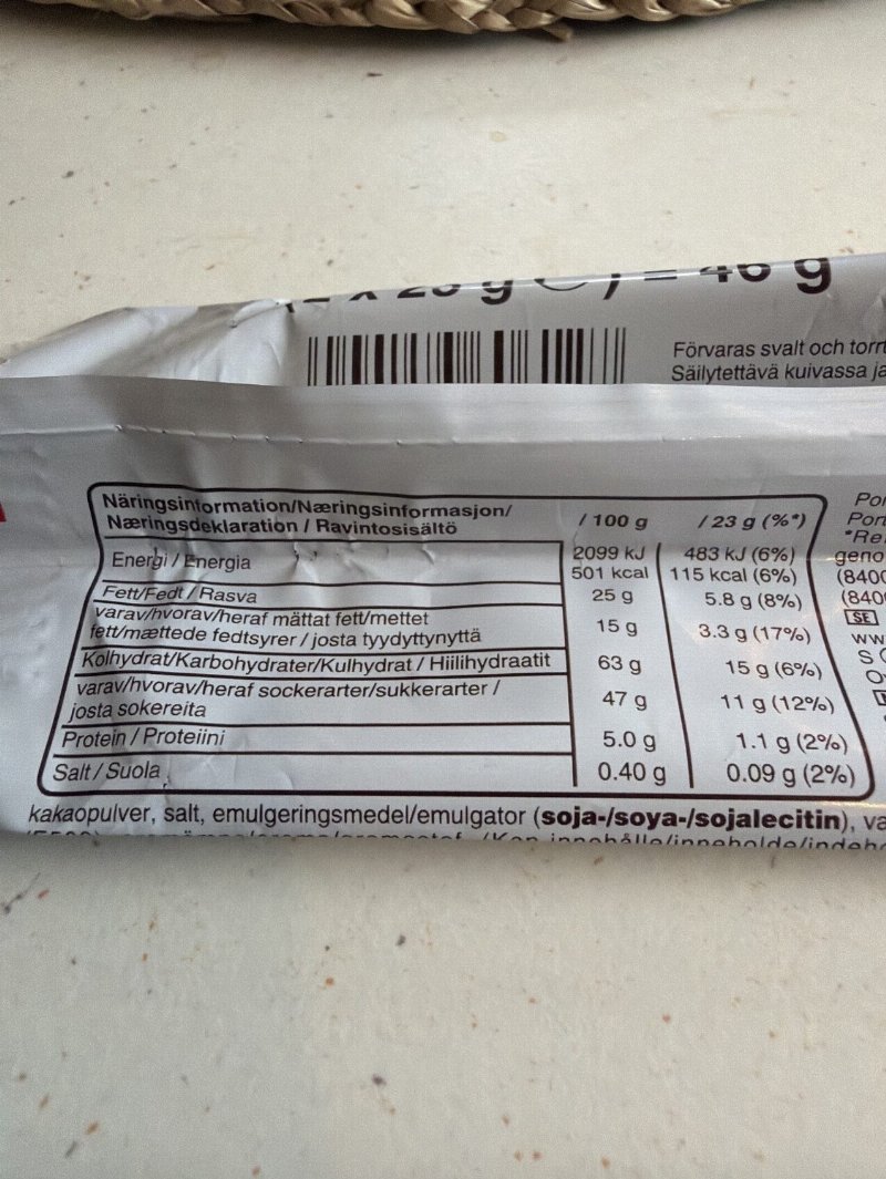 Foto da tabela nutricional