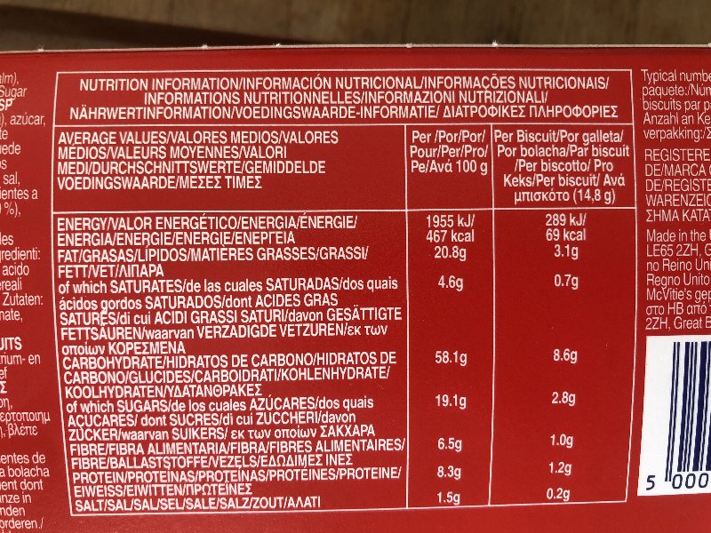 Foto da tabela nutricional