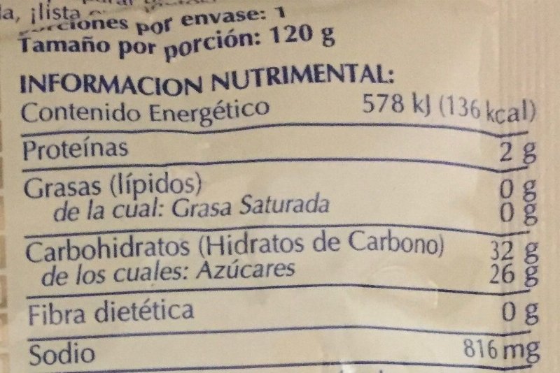 Foto da tabela nutricional