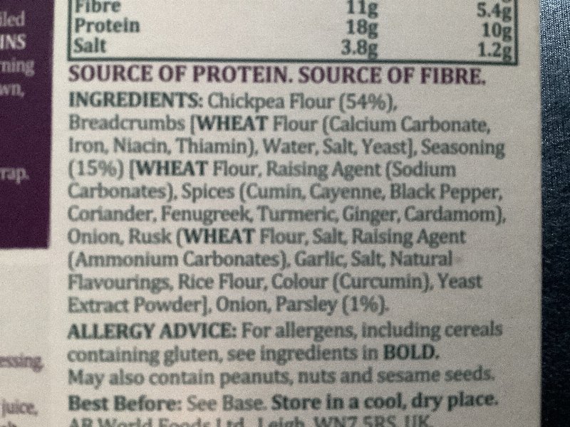 Foto da lista de ingredientes