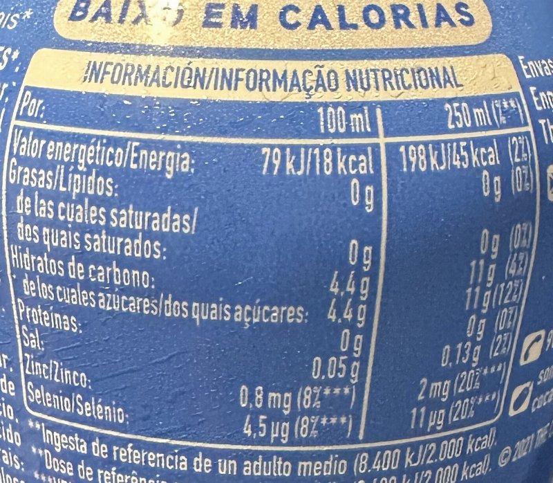 Foto da tabela nutricional