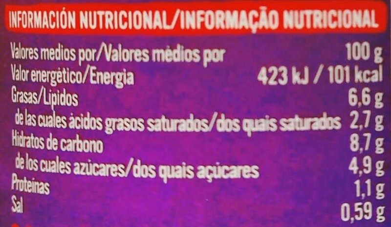Foto da tabela nutricional