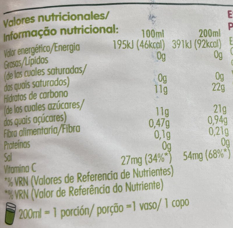 Foto da tabela nutricional