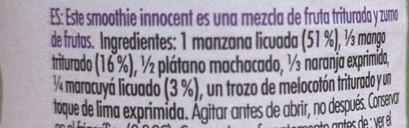 Foto da lista de ingredientes