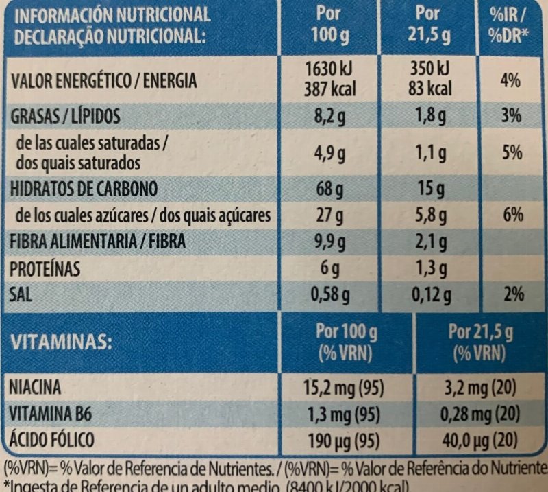 Foto da tabela nutricional