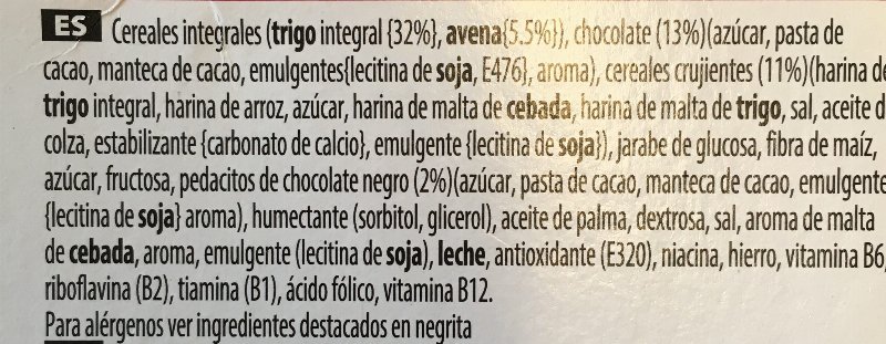 Foto da lista de ingredientes