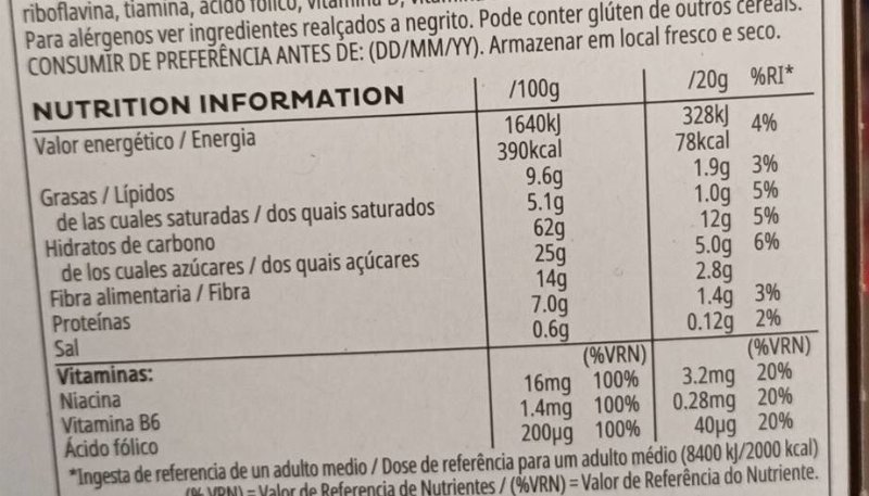 Foto da tabela nutricional