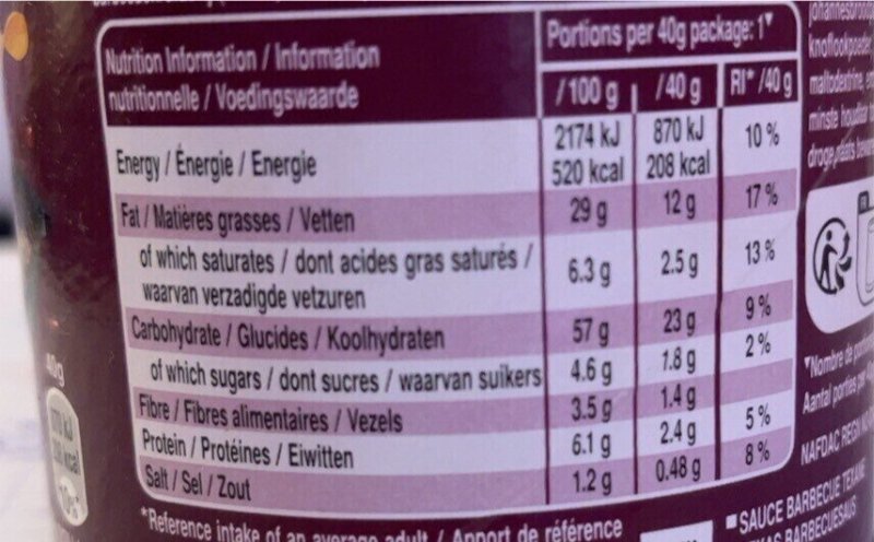 Foto da tabela nutricional