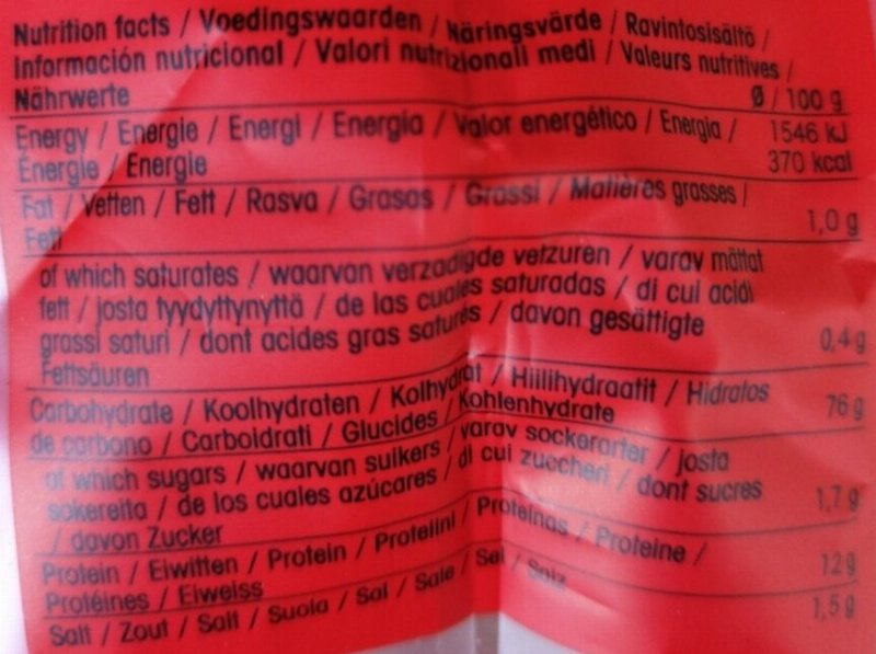 Foto da tabela nutricional