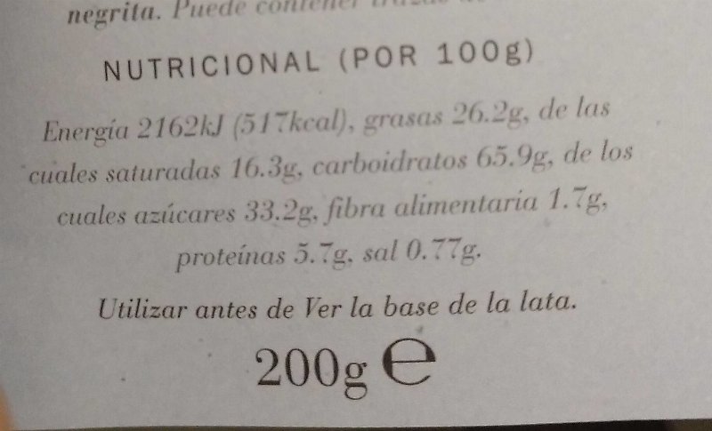 Foto da tabela nutricional