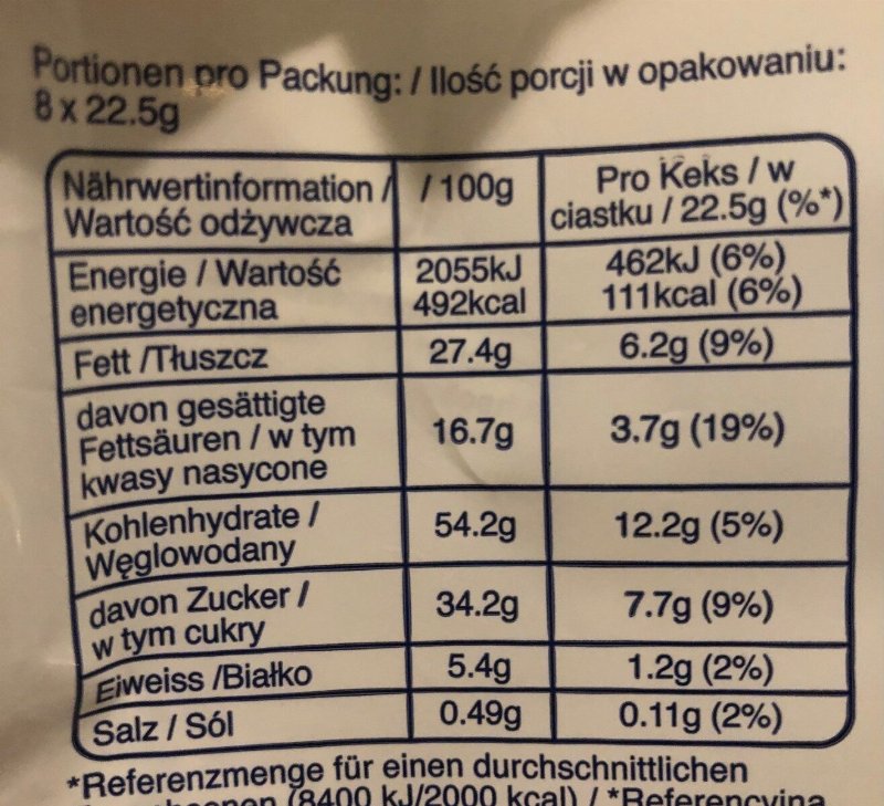 Foto da tabela nutricional