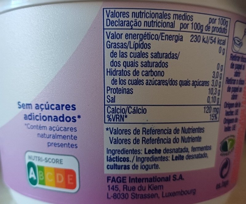 Foto da tabela nutricional