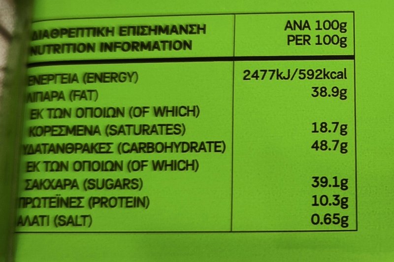 Foto da tabela nutricional