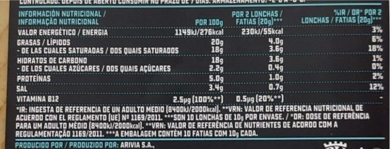 Foto da tabela nutricional