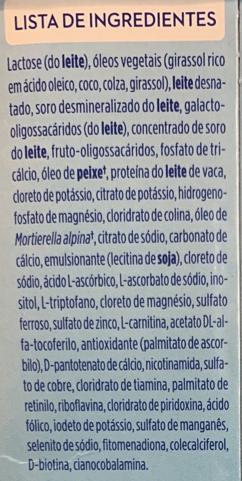 Foto da lista de ingredientes