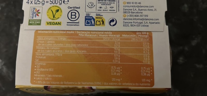Foto da tabela nutricional