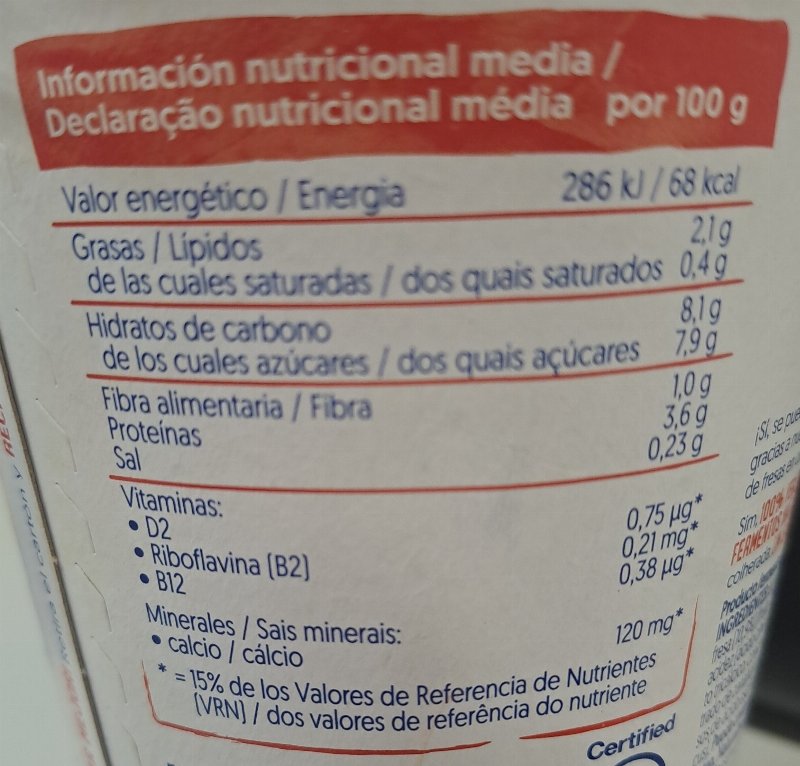 Foto da tabela nutricional