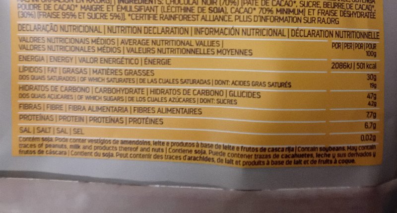 Foto da tabela nutricional