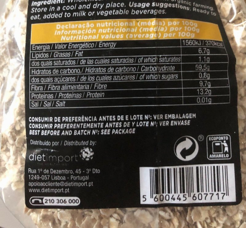 Foto da tabela nutricional